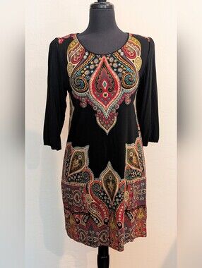 Cha Cha Vente Black Vibrant Multicolor Paisley Soft Mini Dress Size L